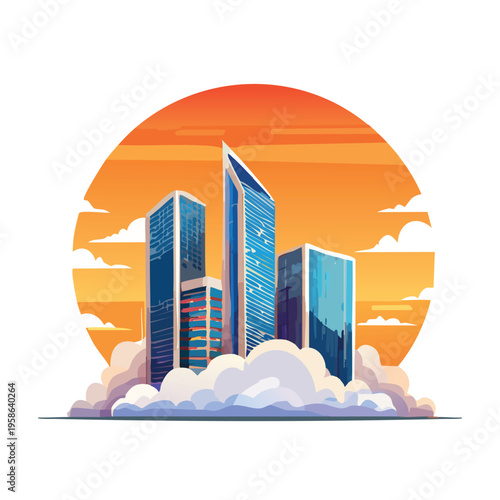 Modern city skyscrapers with colorful sunset clouds vector illustration