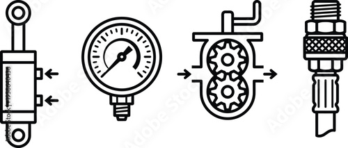 Industrial components including a hydraulic cylinder, pressure gauge, gear pump, and fitting.