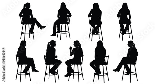 Vector illustration of diverse women's silhouettes sitting on bar stools in various relaxed poses.