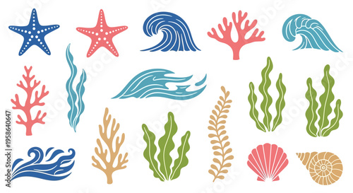 Set of 16 ocean wave and coral reef icons vector