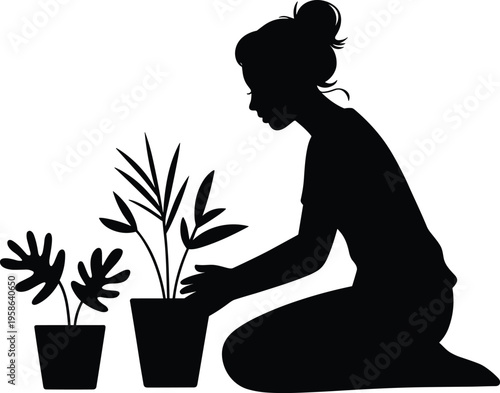 Woman caring for houseplants silhouette, indoor gardening activity with potted plants, black vector illustration isolated on white background