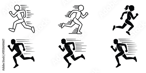 Outline and filled icons representing fast running action for physical activity design, minimal line art vector collection for athletic branding