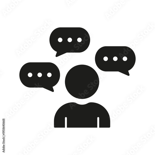 Person With Speech Bubbles Solid Icon. Communication, Discussion, And Social Interaction Silhouette Symbol. Conversational Engagement. Isolated Vector Illustration