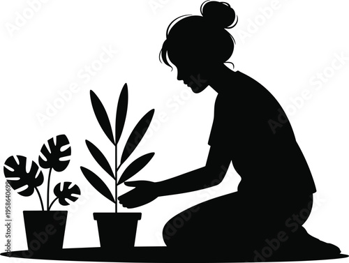 Woman caring for potted plants silhouette, gardening at home with indoor houseplants, black vector illustration isolated on white background
