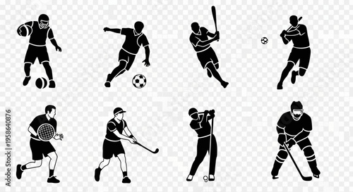 Black silhouettes of various sports players.