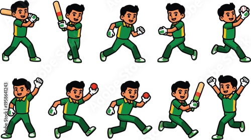 Cartoon Cricket Player Character in Various Poses