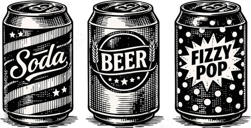 Vintage Retro Black and White Engraving Illustration of Three Beverage Cans Soda Beer and Fizzy Pop in Classic Woodcut Style — Vector Art