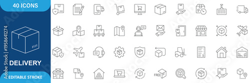 Delivery Icon Set. Containing delivery, shipping, courier, logistics, transport, package, parcel, distribution, warehouse, supply chain and etc. Editable stroke. Vector file.