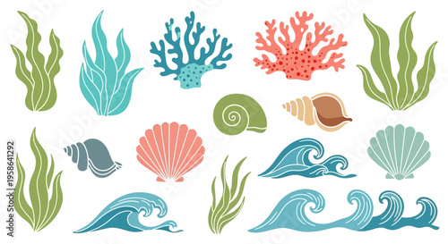 Set of 13 ocean icons vector, sea elements, coral, shells, waves, fish