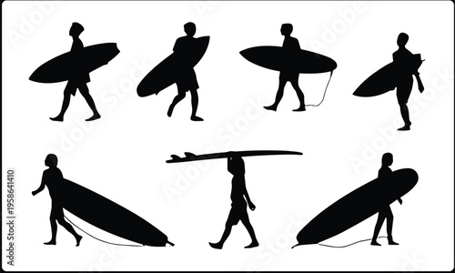 Surfer silhouettes set carrying surfboard beach ocean lifestyle surfing sport summer activity wave rider vector illustration isolated collection