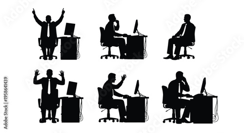 Vector graphic illustration of businessmen displaying various office emotions and actions at their computer desks.