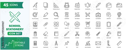 School stationery linear icon set. Collection of stationery, education, learning, supplies, office and more. Editable stroke. Vector illustration