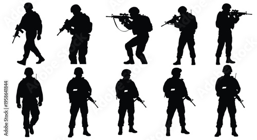 Collection of ten distinct soldier silhouettes illustrating various tactical stances and armed poses vector graphic set