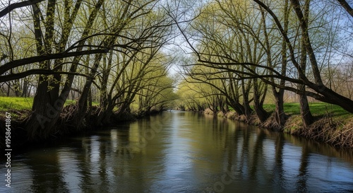 Scenic View of a Peaceful River Surrounded by Leafy Trees in Spring