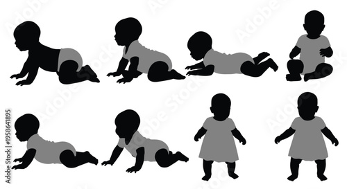 Vector graphic illustration displaying various developmental stages of a baby crawling sitting and standing silhouettes