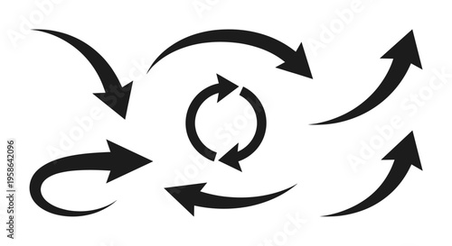 Professional collection of black curved arrow icons featuring circular, upward, and directional swooshes isolated on white background for motion and process concepts.
