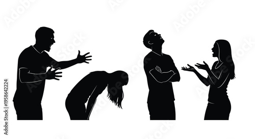 Black silhouette vector graphic depicting various intense emotional states during conflict and distress