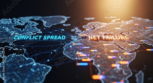 Digital world map showing conflict spread and net failure with glowing data points