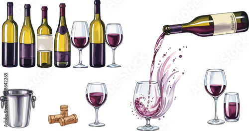 Vintage Hand Sketched Wine Vector Collection Featuring Red Wine Pouring with Splash Bottles Glassware Corks and Ice Bucket for Luxury Vineyard Branding and Upscale Tasting Graphic Designs