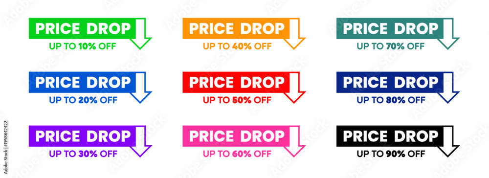Obraz premium Price Drop Up To Discount Set with 10 20 30 40 50 60 70 80 90 Percent Off Labels