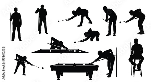 Collection of diverse vector graphic silhouettes depicting men playing and standing near a billiard table