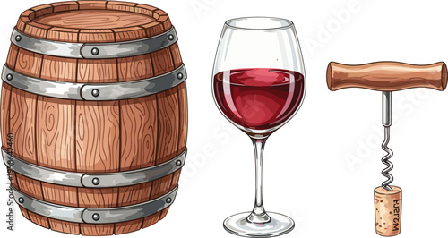 Vintage Hand Sketched Wine Cellar Vector Set Featuring Oak Wood Barrel Glass of Red Wine and Classic Corkscrew for Luxury Vineyard Branding and Estate Reserve Graphic Designs