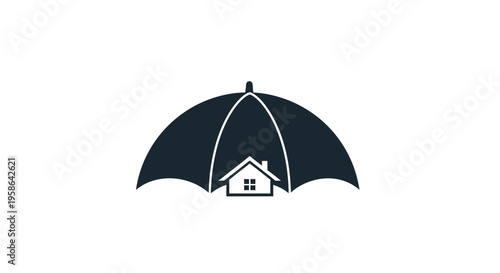 A dark blue umbrella shelters a white house minimalist graphic silhouette