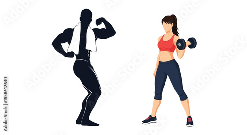 Fitness illustration featuring a woman lifting weights and a muscular man silhouette