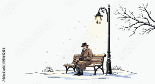 A lone figure sits on a park bench under a lamppost silhouette