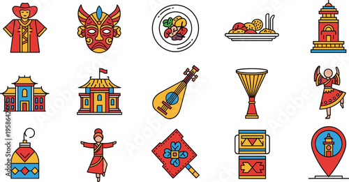 World culture and traditional heritage icons set, flat vector illustrations of ethnic costumes, tribal masks, traditional food, folk music instruments and landmark architecture isolated on white
