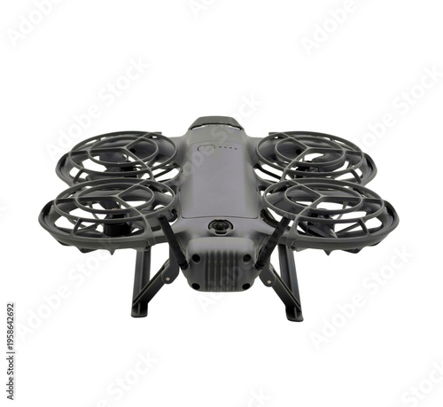 Photo of a compact quadcopter UAV drone with protective propeller guards and front camera, isolated on white background.