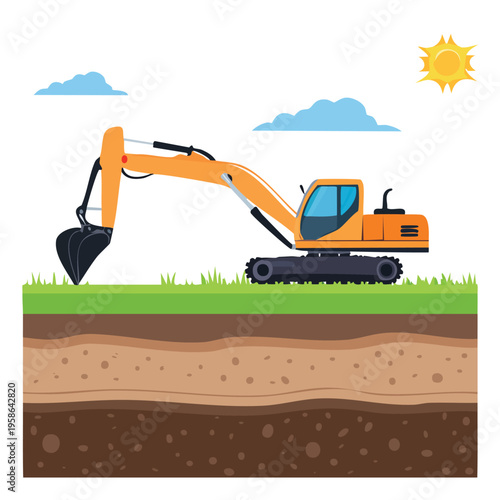 Orange excavator on green grass with cross section showing earth layers