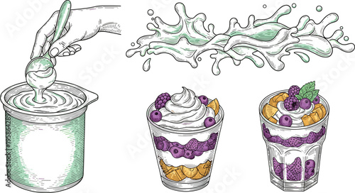 Vintage Hand Sketched Yogurt Parfait and Healthy Dessert Vector Set Featuring Berry Layers Yogurt Cup and Liquid Splash for Wellness Branding and Nutrition Graphic Designs