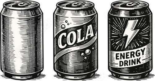 Vintage Black and White Illustration of Blank Soda Can, Cola Can and Energy Drink Can Set