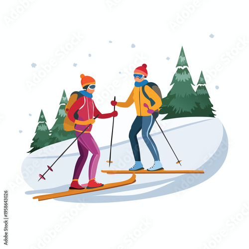 People skiing down a snowy slope with trees in a winter landscape