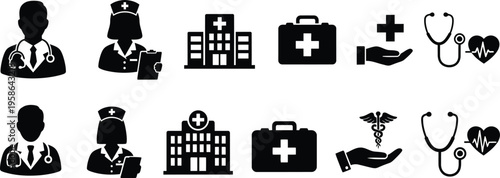 A collection of black silhouette medical icons featuring doctor's nurses hospitals and equipment