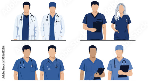 Diverse group of medical professionals wearing blue scrubs and white lab coats vector illustration set