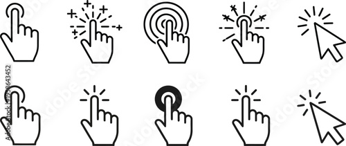A collection of ten flat vector line icons representing various mouse click and touch interactions
