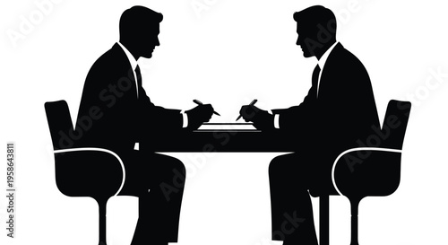 Two business professionals signing a significant document at a table in a professional vector illustration.