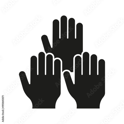 Three Raised Hands Solid Icon. Teamwork, Collaboration, And Unity Silhouette Symbol. Group Support And Community Engagement. Isolated Vector Illustration