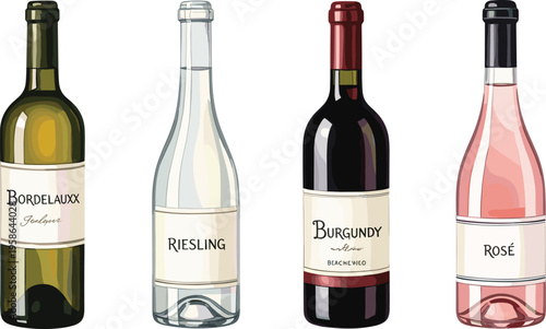 Professional Wine Bottle Vector Set Featuring Bordeaux Riesling Burgundy and Rosé Varieties with Realistic Glass Reflections for Luxury Vineyard Branding and Restaurant Menu Graphic Designs