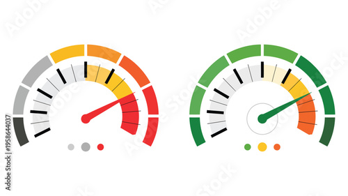 Colorful Speed Gauges Vector, meter dials with indicators flat illustration