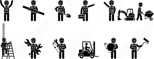 Construction worker icons, industrial tasks, building tools, repair activities, labor silhouettes, vector illustration