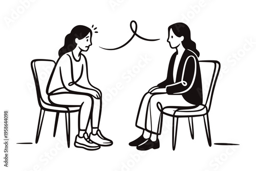 Two people talking while seated on chairs in simple line art on white background, concept of support and counseling. concept of emotional support