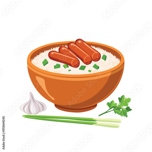Cartoon bowl of rice with sausages garlic and green onions on white background