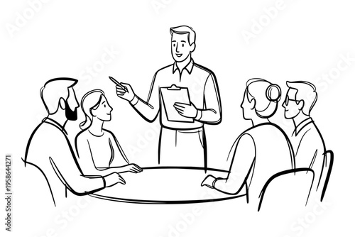 Group of people in a meeting shown in line art style on white background, concept of teamwork and communication