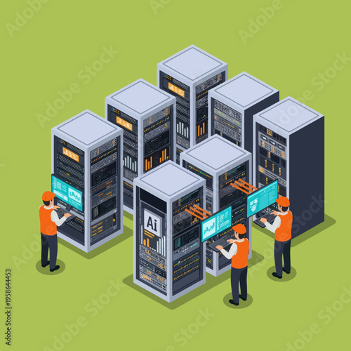 Isometric Server Room with Engineers Maintaining AI Data Center.
