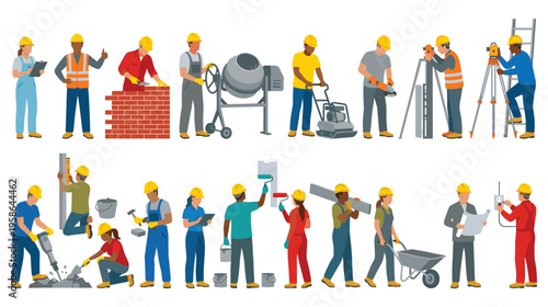 Construction workers diverse group professional builders at work