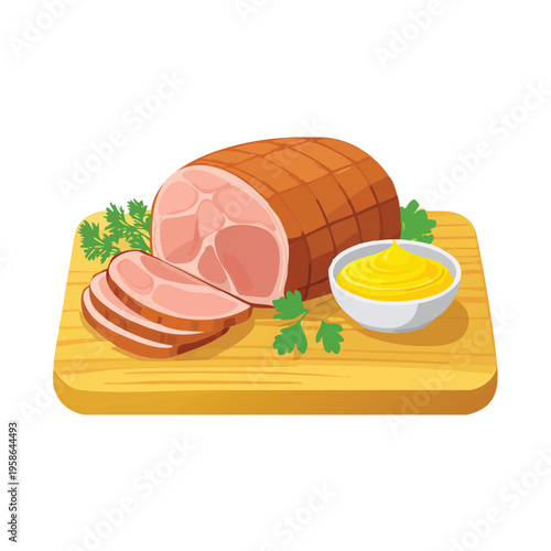 Sliced ham and mustard on wooden cutting board vector illustration
