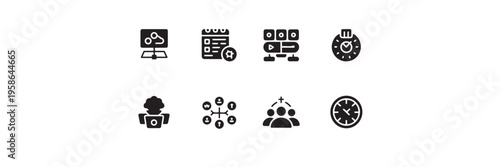 Group of eight dark glyph icons related to planning, time management, and social interaction on white background